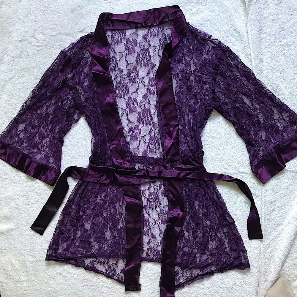 Purple lace and satin trim robe dainty feminine witchy
